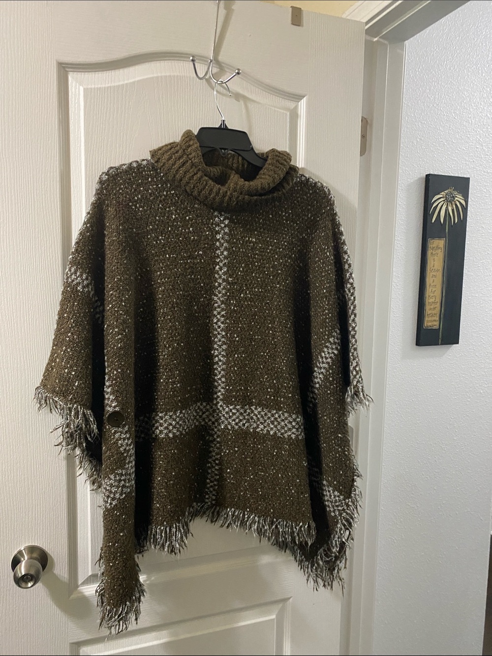 Olive Green Fringe Plaid Turtleneck Poncho Sweater